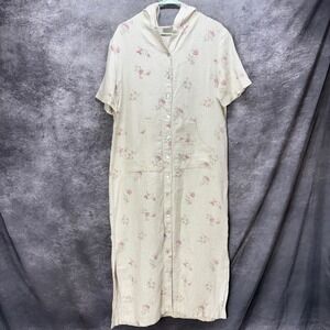 VTG Match 100% Linen Maxi Dress Sz 8 Beige Floral Hooded Button Front Lagenlook